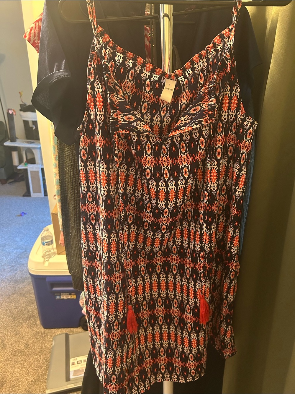 Navy and Coral Printed Spaghetti-Strap Mini Dress